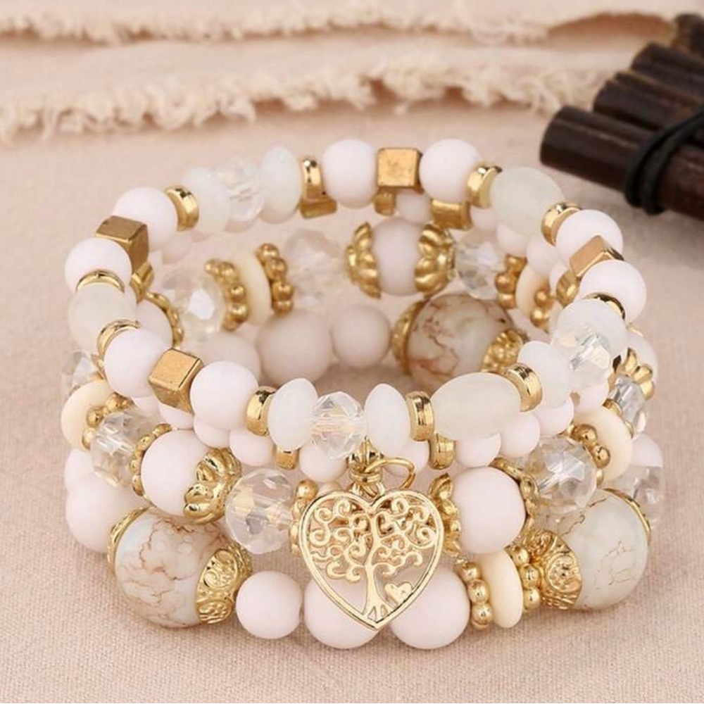 Elegant Gold and White Beaded Bracelet Set - Picture 2 of 5